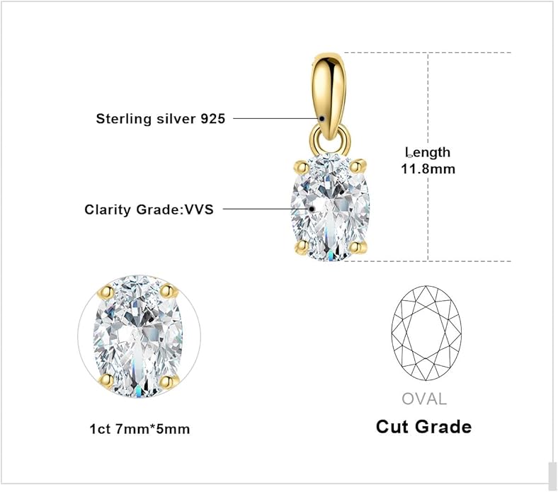 JewelryPalace Oval Cut 1ct 2ct Cubic Zirconia Solitaire Pendant Necklace for Women, 925 Sterling Silver Necklaces for Her, Classic Simulated Diamond Jewelry Set Gift, 18 Inches Chain