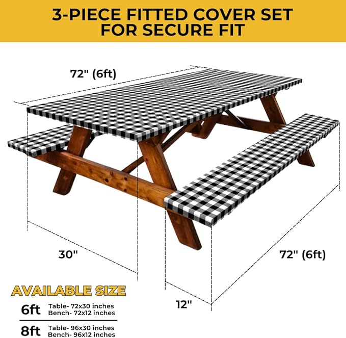 RNOONY 6ft Polyester Picnic Table Cover with Bench Covers Windproof & Waterproof Tablecloth, Perfect for Camping Gifts & RV Essentials, Cool Camping Gadgets with Carrying Bag, 72x30 Inches,4Pcs,Black