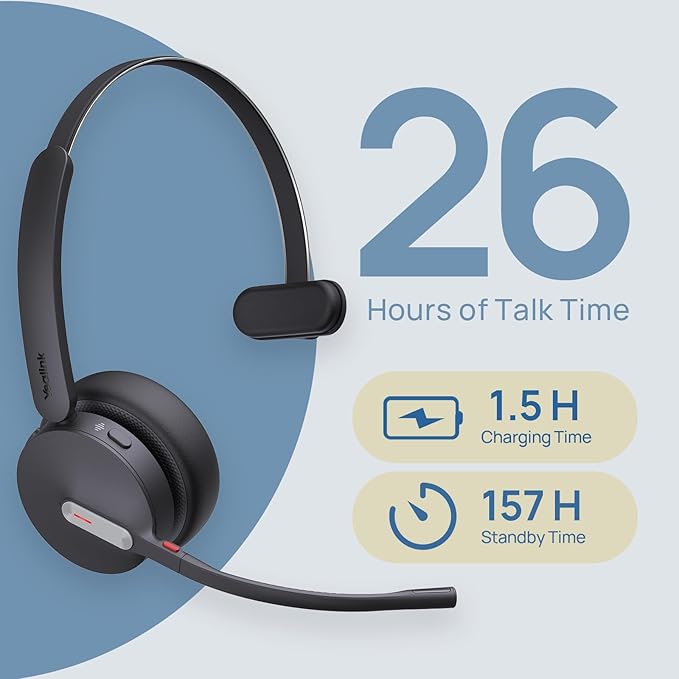 Yealink WH64 Mono UC DECT & Bluetooth Wireless Headset, 606ft Range, Single On Ear Work Headphones with 3X Noise Cancelling Mic, 26 Talk Time, Office Desk IP Phone, PC, Computer