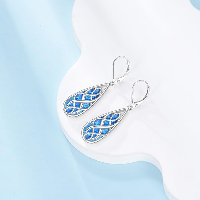 VONALA White Opal Celtic Knot Dangle Drop Earrings for Women 925 Sterling Silver Boho Chic Jewelry Gift for Women