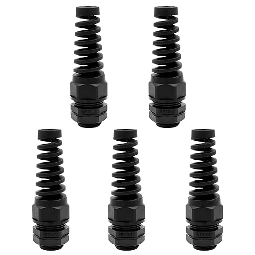 Strain Relief Cord Connector,LISTENJIALE 5Pcs NPT 3/4" Waterproof Cable Gland Flex Spiral Strain Relief Adjustable 12.5-18mm Cable Connector Nylon Joint with Gaskets(Black)
