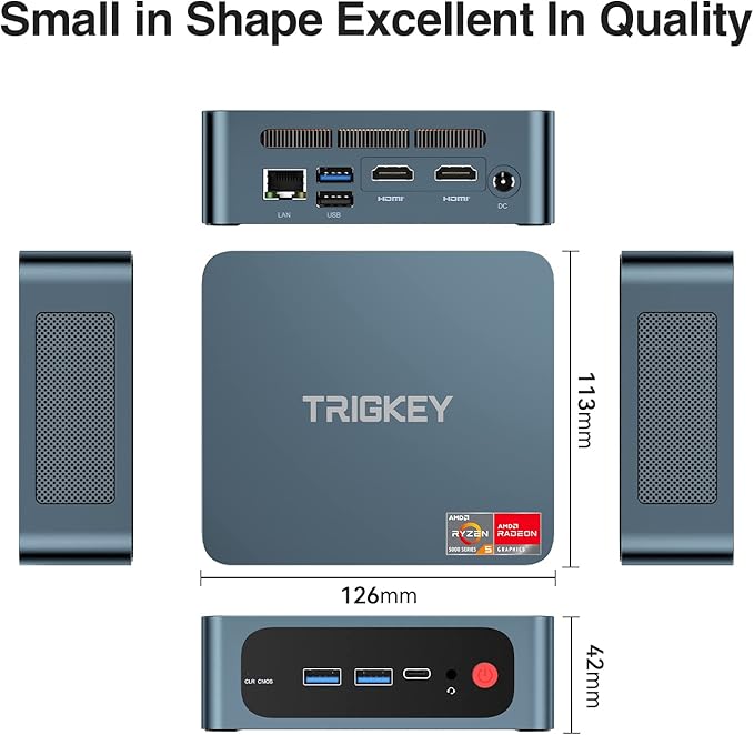 TRIGKEY Mini PC Ryzen 5 5500U(6Cores, 12Threads) 16GB DDR4 500GB M.2 NVME(Max 2200MB/S) SSD, S5 Mini Desktop Computers OS 11 Pro, WiFi6(802.11ax) BT5.2, Triple Display USB 3.2 * 3 Type-C LAN 2.5Gbps