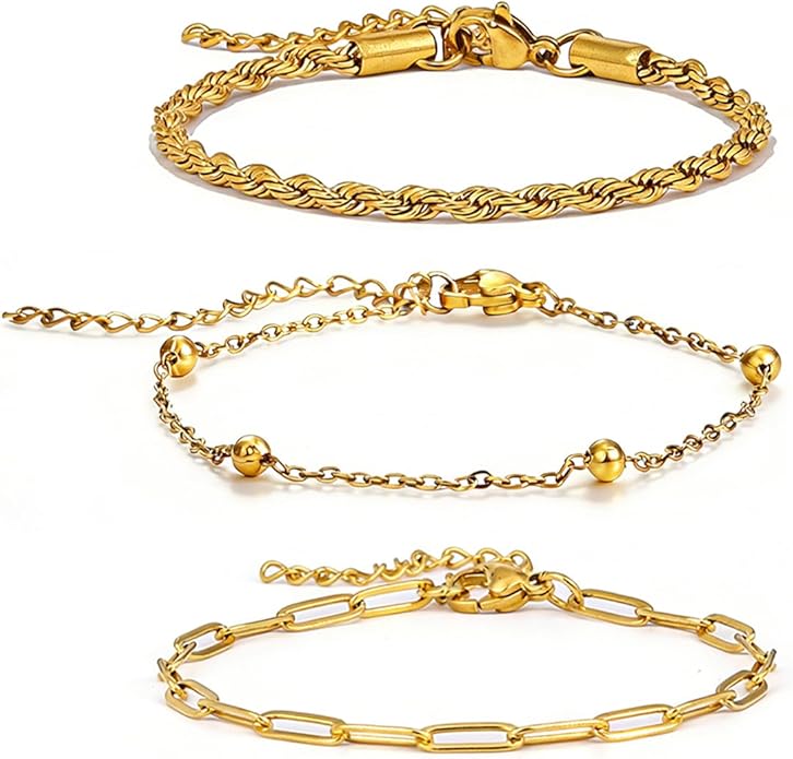 18K Gold Plated Bracelet Sets for Women Waterproof - Trendy Thin Dainty Stackable Cuban Link Paperclip Snake Twisted Chain Fashion Jewelry Accessories Gifts for Women