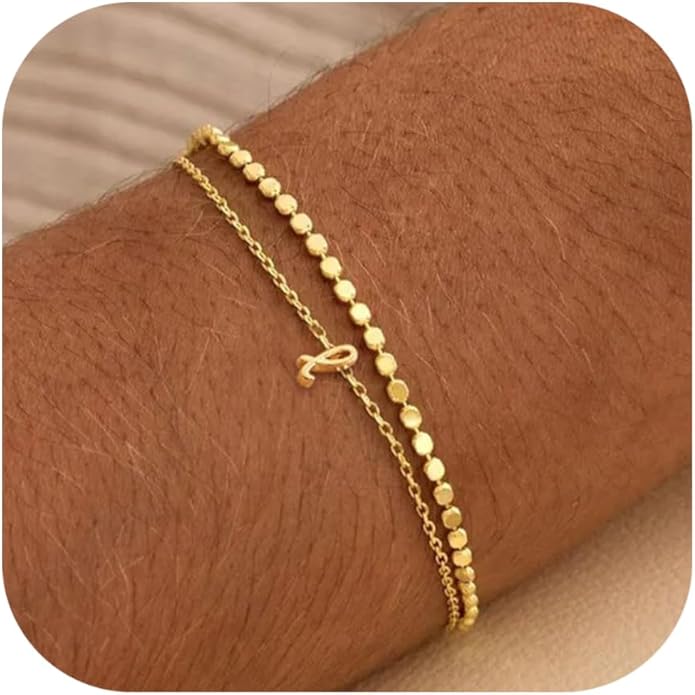 Initial Bracelets for Women, Dainty 14K Gold Plated Layered Letter Bracelet, Trendy Charm Stackable Jewelry Valentines Day Gift for Her