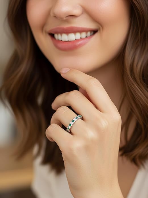 D Color VVS1 Clarity Moissanite Hand Setting Eternity Rings for Women, Solid 925 Sterling Silver Rhodium Finish, Stackable Ring, Wedding Birthday Valentines Anniversary Mothers Day Ideal Gift for Her