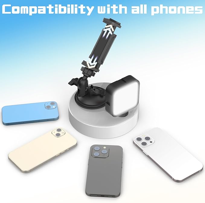 Suction Cup Phone Mount with Rechargeable Light, Mirror Phone Holder with Light Shower Bathroom Kitchen, Mirror Tripod for TikTok YouTube Instagram Make Up Pics Video Content Creator