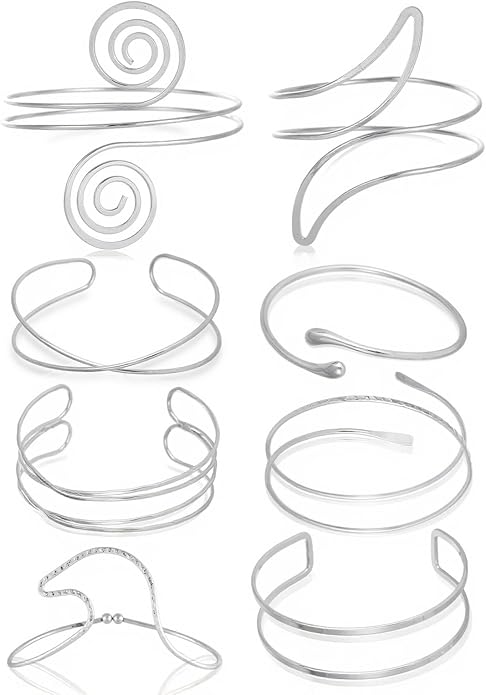 8PCS Upper Arm Cuff Bracelets for Women Gold Silver Arm Band Cuff Bangle Bracelet Adjustable Minimalist Coil Armband Armlet Set