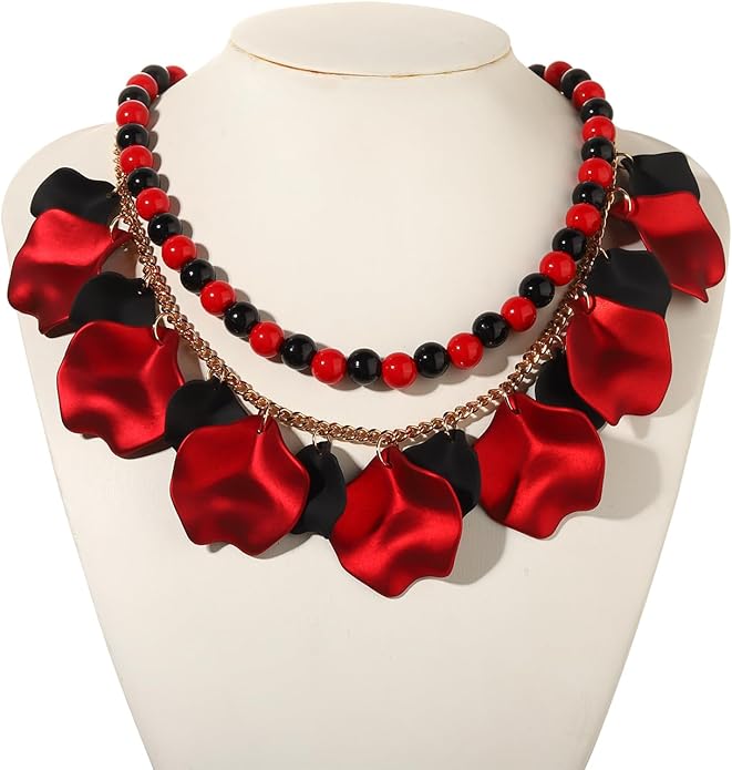 Flower Petal Necklace Earrings Set Layered Statement Beaded Jewelry Set for Women Summer Necklace Earrings