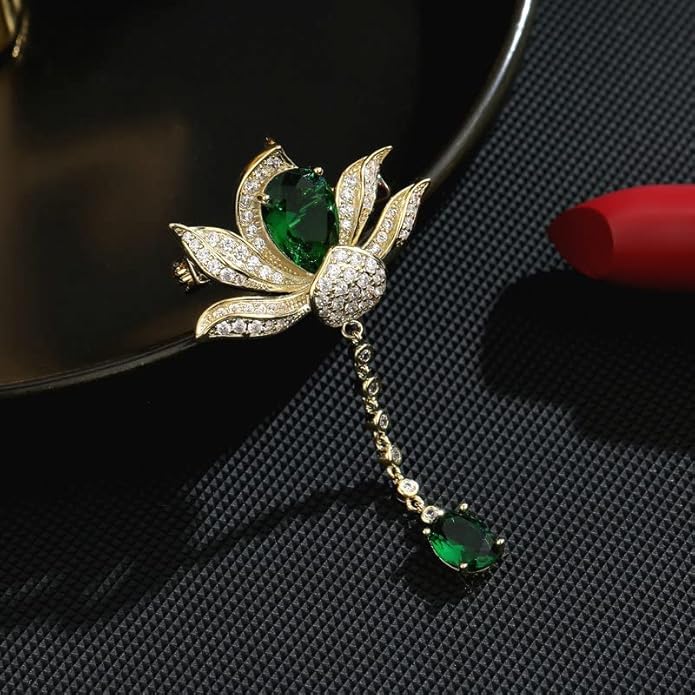 14K Gold Handmade Enamel Water Lily Brooch, Freshwater Pearl Pendant, Elegant Design for Cheongsam, Coats and Chinese Style Outfits