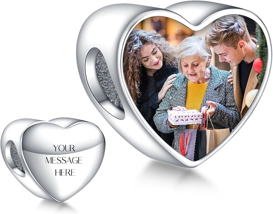 Annmors Personalized Photo Charm for Bracelet Necklaces,925 Sterling Silver Charm Love Heart Shaped Engraved Customize Picture Gift for Birthday Mother's Day Christmas,Bead Charms Jewelry for Women