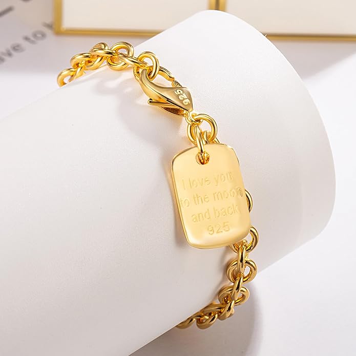 Dankadi Women 925 Sterling Silver Round Cable Wire Link Bracelet Charm Heart-Bell-Square-Circle Pendant Chain Bangle Fine Jewelry Gift For Wife Her