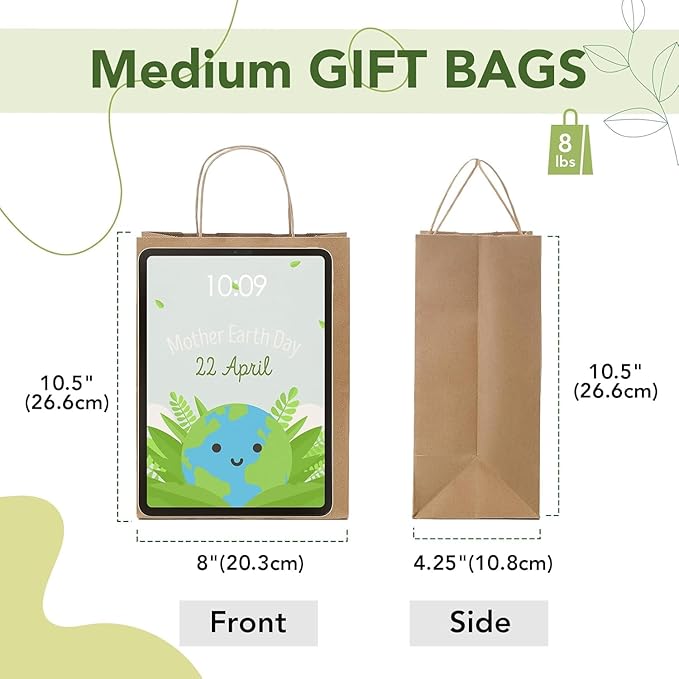MESHA Gift Paper Bags 200 PACK 8x4.25x10.5'' Brown Medium Shopping Kraft Bags Bulk with Handles Reusable for Business,Grocery,Birthday,Wedding,Kids Party,Favors
