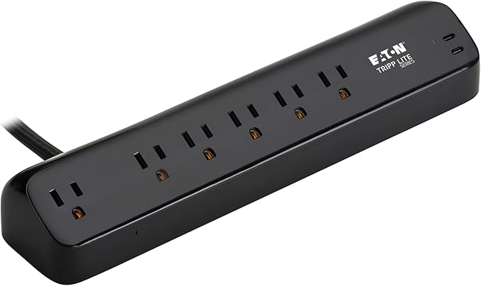 Eaton Tripp Lite series Desk Clamp Power Strip Surge Protector, 6-Outlets, 2x 30W USB-C Charging Ports, 900 Joules, 10ft Braided Flat Extension Cord, Lifetime Manufacturer's Warranty (TLP610U30CLAMPB)