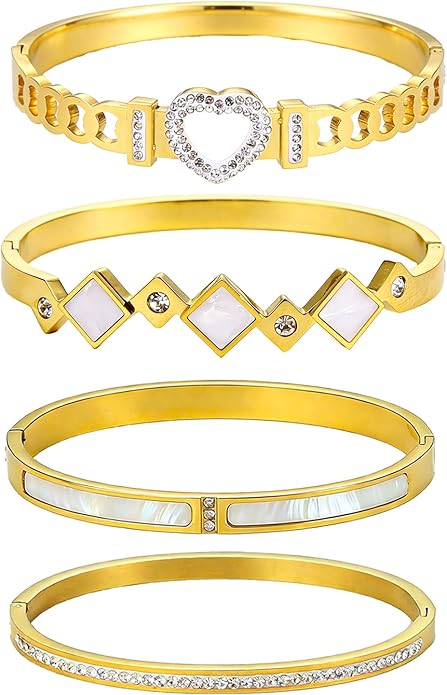 ZhiRui Women's 18K Gold Plated Stackable Bracelet Set - Waterproof Mother of Pearl Heart Cubic Zirconia Jewelry Gifts for Women