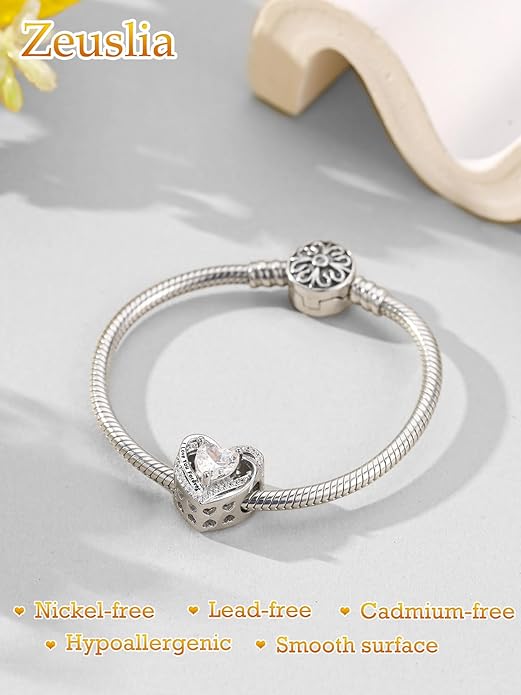 Heart Birthstone Charms for Bracelets, 925 Sterling Silver Women Bead Charms for Charm Bracelets Necklace, Mother's Day Birthday Anniversary Jewelry Gifts for Wife Mom Grandma Daughter