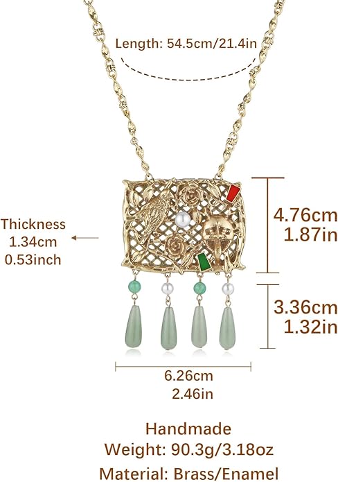 HZMAN Large Square Filigree Fringe Pendant Necklace for Women, Adjustable Statement Choker, Handmade Brass with Vintage Enamel, Bold Retro Jewelry Gift