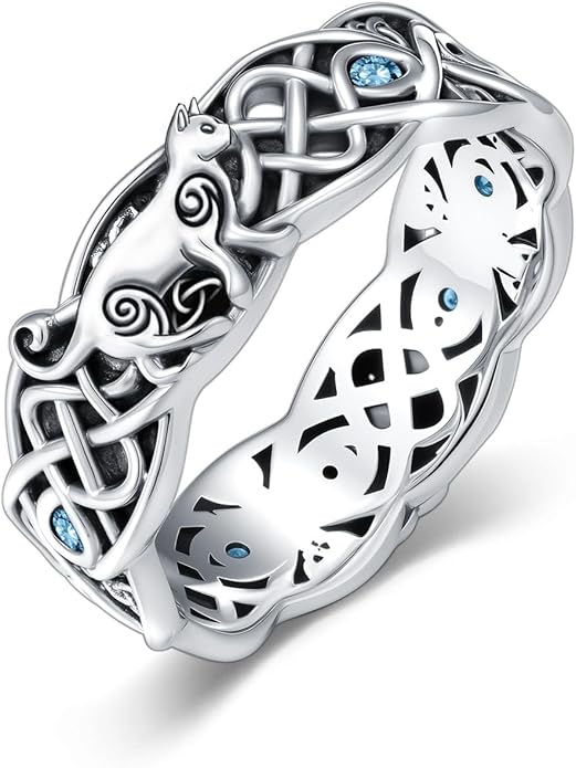 Seiyang Celtic Cat Ring 925 Sterling Silver Irish Trinity Knot Celtic Cat Wedding Promise Ring with 12 Months Birthstone Irish Lucky Jewelry Gifts for Women Mom Her