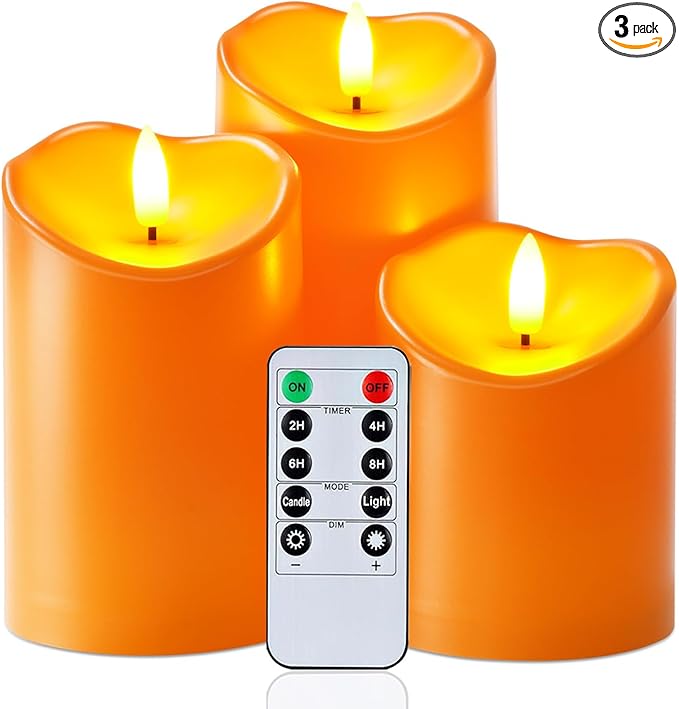 Homemory Halloween Orange Flameless Candles, Fall Candles, Outdoor Waterproof Flickering Battery Operated LED Pillar Candles with Remote and Timers, Won't Melt Plastic, Set of 3