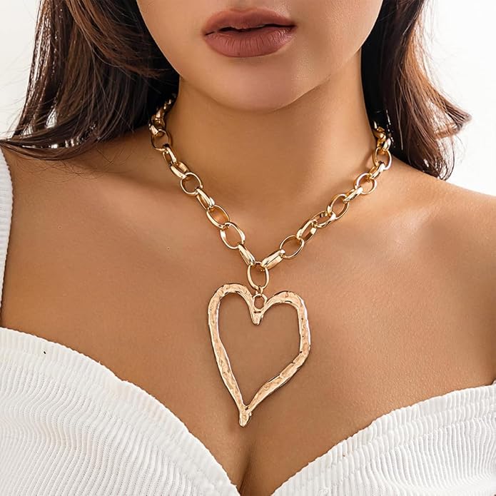 Bold Big Chunky Gold Heart Necklace for Women, Unique Large Thick Hollow Love Heart Pendant Chain Choker Necklaces Punk Party Prom Y2K Jewelry Gifts