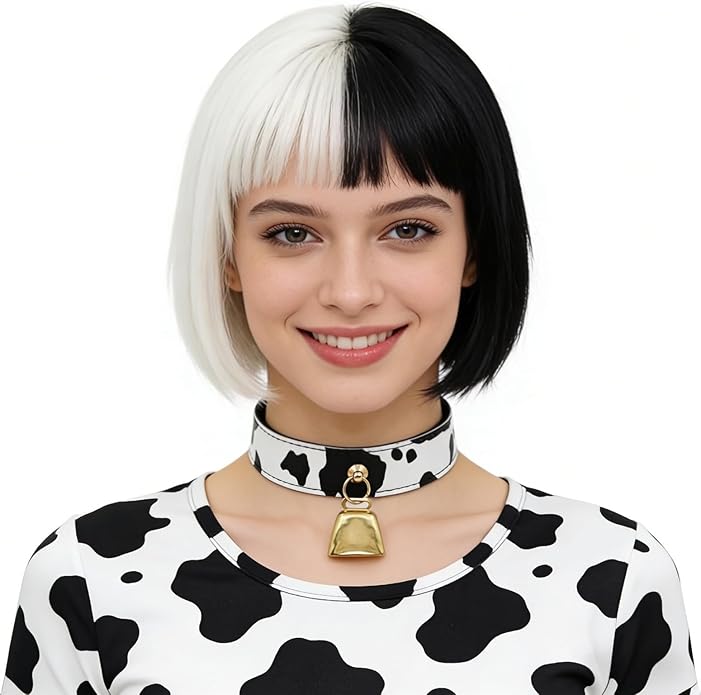 Bell Collar Necklace for Women, Cow Print PU Leather Choker with Flat Ribbon Tie, Anime Cow Cosplay Jewelry Gifts