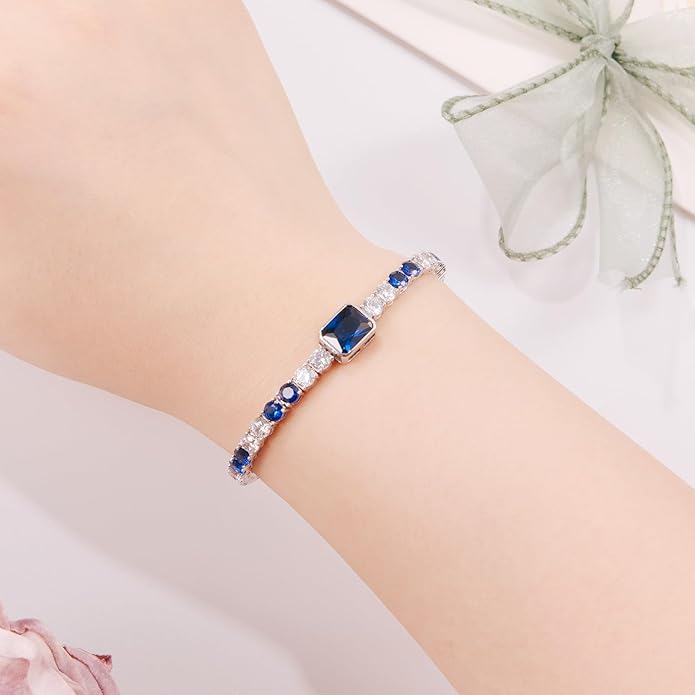 Birthstone Bracelets for Women Birthday Gifts 4CT Radiant Cut Birthstone 4mm Sterling Silver White Gold Tennis Bracelets for Women Round Cut 5A Cubic Zirconia Bezel Setting 7 Inch
