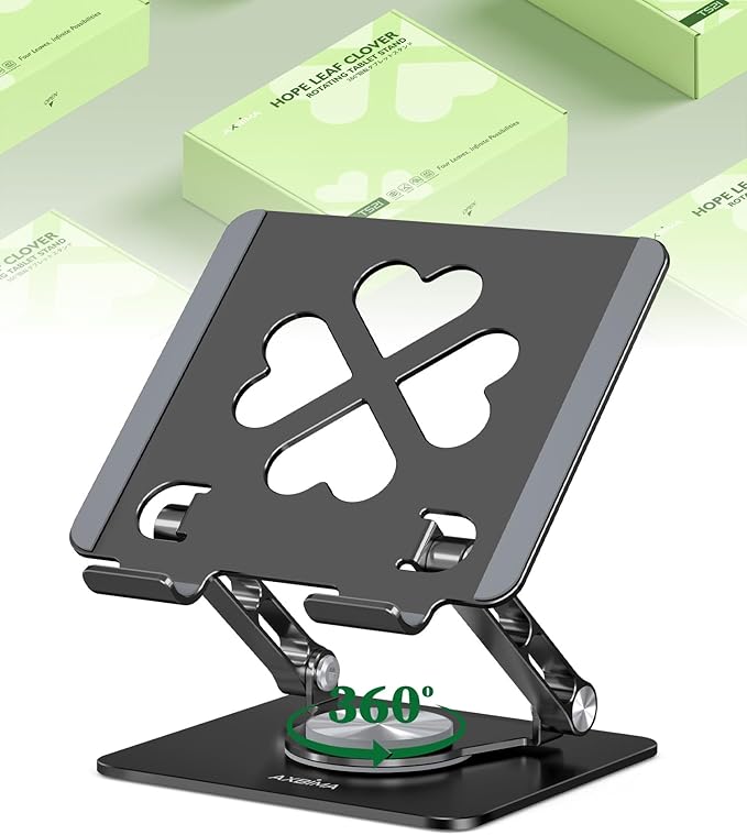Tablet Stand for iPad, 360° Rotating Aluminum Desktop Holder – Adjustable & Foldable Desk Stand Compatible with iPad Pro 12.9/11, Air 10.9, Samsung Tab S9, Portable for Home Office, Black