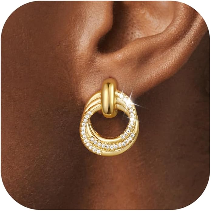 14K Gold Plated Chunky Clip On Earrings for Women 14k Gold Knot Link Clip Earrings Silver Rhinestone Hoop Clip On Earrings Jewelry for Women