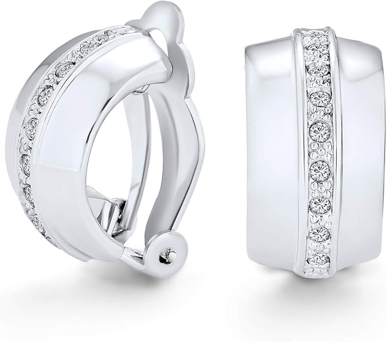 Fashion Bridal Wedding 3 Row Pave Crystal Dome Endless Hinged Huggie Hoop Clip On Earrings For Women Non Pierced Ears Yellow Gold Silver Plated