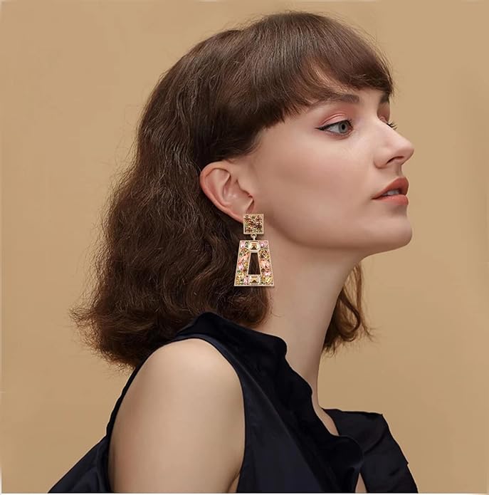 Rhinestone Rectangle Statement Earrings Colorful Crystal Geometric Drop Dangle Earrings for Women Prom Party