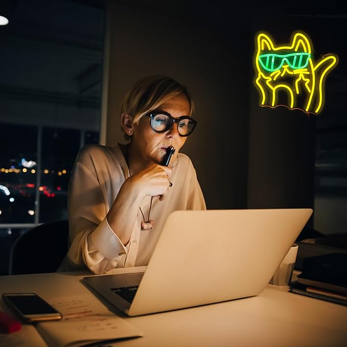 Cat Sunglasses Neon Sign - Cartoon Cat LED Wall Light/USB Powered, Hanging Kit Included/Edgy Decor for Teen Bedrooms, Urban Cafes & Fashion Stores