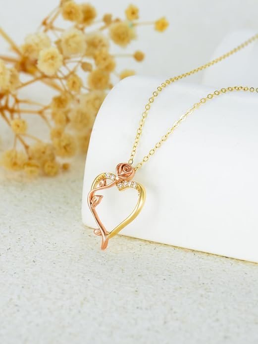 14K Solid Gold Rose Flower/Sunflower Necklaces for Women Flower Heart Pendant Necklace Love Sunshine Jewelry Anniversary Valentine's Day Birthday GiftS for Women Wife Girlfriend Her Mom