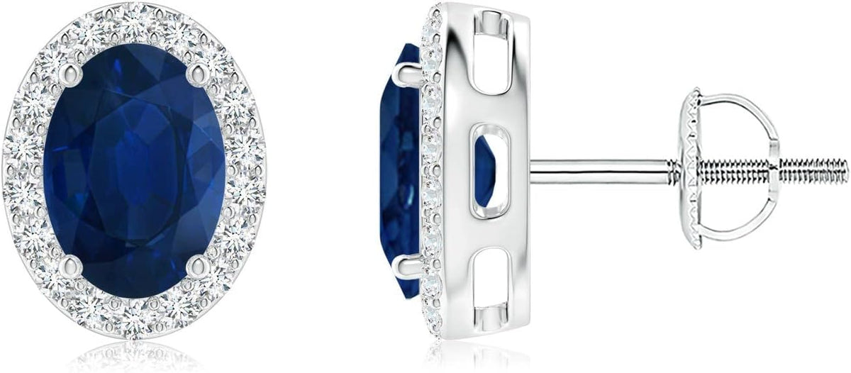 ANGARA Natural Blue Sapphire Earrings for Women | Prong-Set Oval Blue Sapphire Stud Earrings with Diamond Halo in 14K Solid Gold/Platinum | September Birthday, Anniversary, Gemstone Jewellery Gift