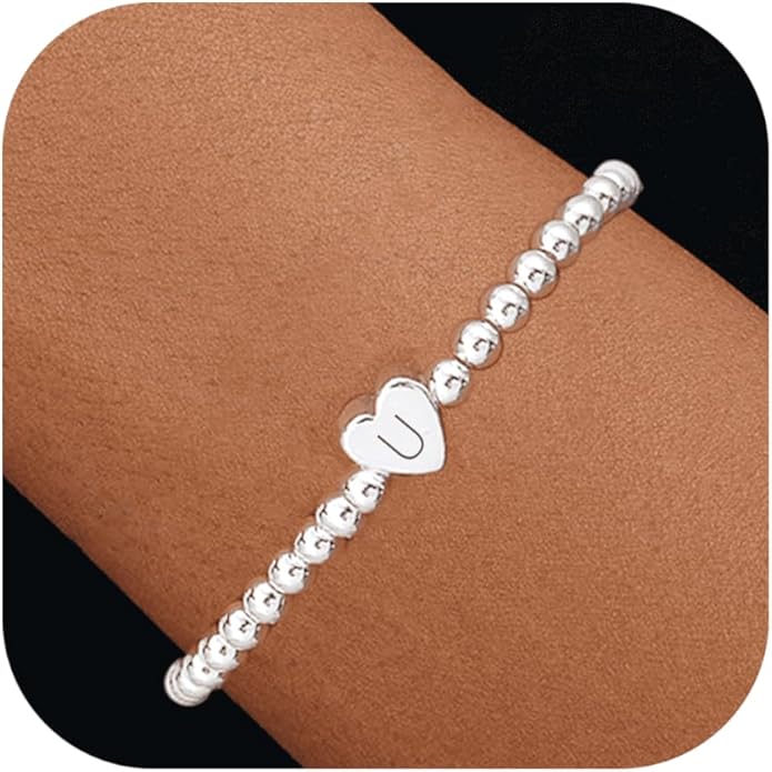 Valentines Day Gifts for Women Her - Dainty Beaded Heart Initial Bracelets Letter A-Z Charm Stretch Bead Ball Bracelet Trendy Jewelry Gifts