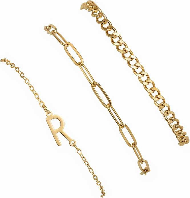 14K Gold Plated Bracelets for Women, A–Z Initial Charm Bangles Jewelry Set, Elegant Gold Accessories, Friendship Bracelet Gifts for Mom