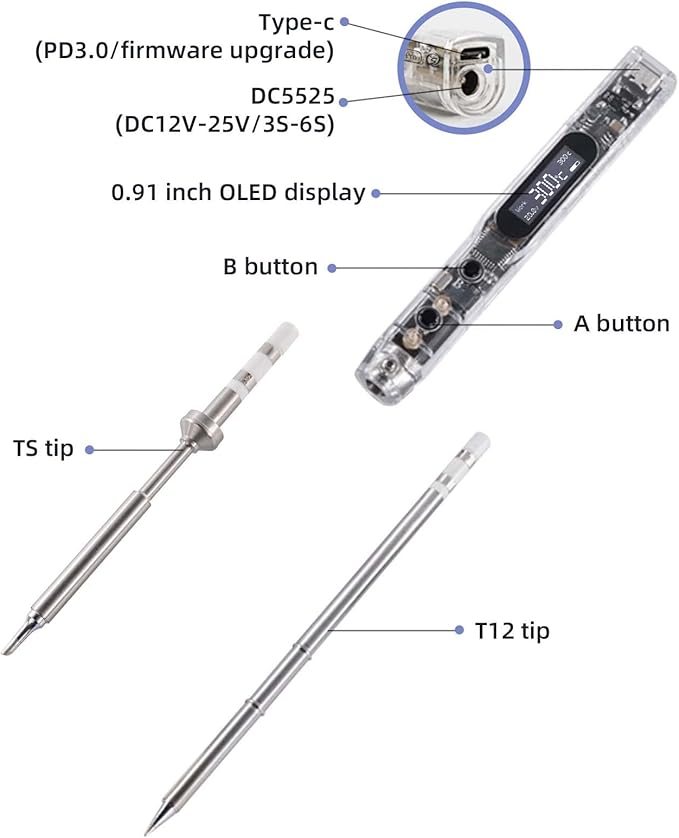 68W Electric Soldering Iron, SEQURE SI012 Pro Portable Solder Iron, OLED Screen Digital Soldering Tools, Auto Start Heating, 19V Power Adapter, PD/QC Charging, 2 Soldering Tips-T12 B2 & TS BC2