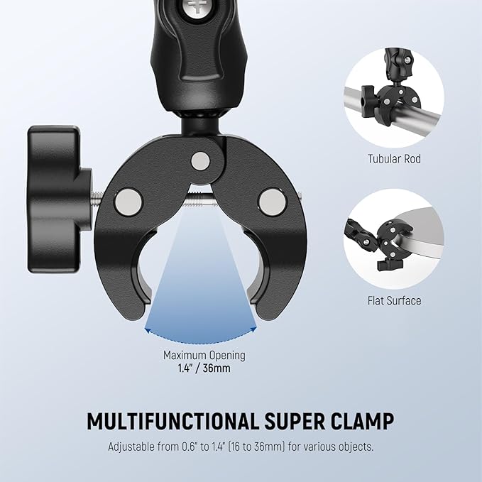 NEEWER Double Super Clamp Mount with Magic Arm, 360° Umbrella Flag Pole Clamp Holder for Desk Photo Studio Light Stand Photography Reflector Scrim Cross Bar Motorcycle Handlebar Stroller Chair, CA160