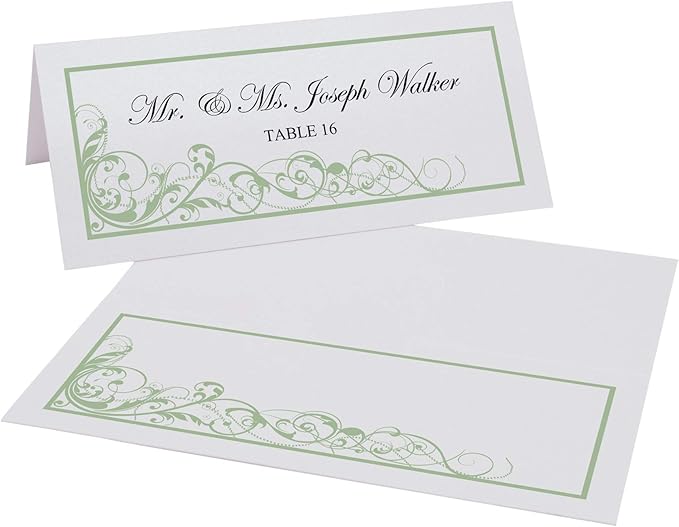 Scribble Vintage Swirl Place Cards, Sage (Choose Color), Set of 25, Pre-cut and Scored - Wedding, Party, Dinner, and Special Events - Made in the USA