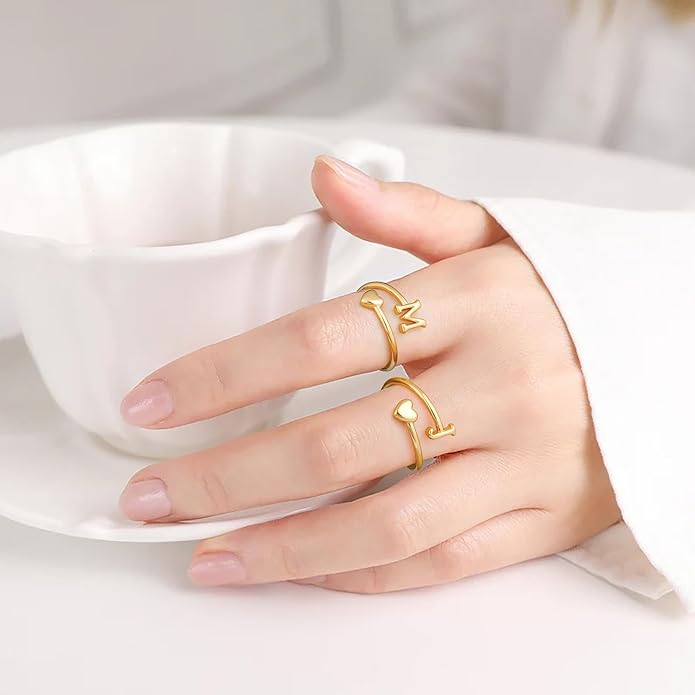 Initial Rings for Women Girls - Valentines Day Gifts for Her, Adjustable Rings for Women Non Tarnish Letter A-Z Dainty Heart Ring Teen Girls Gifts Trendy Stuff Personalized Jewelry Gift
