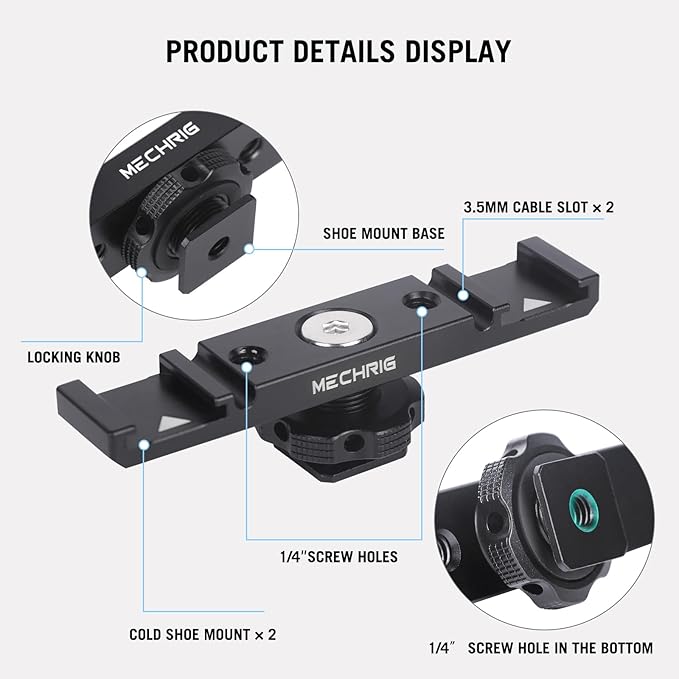 Dual Cold Shoe Extension Bar Mount, Aluminum Dual Hot Shoe Mount Bracket with 1/4" Thread & Cable Slot, Cold Shoe Bracket for DSLR Camera LED Video Light Microphone Monitor (62034)