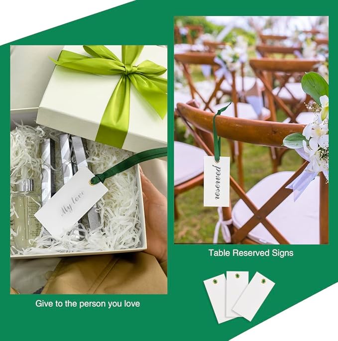 25 Pcs Name Place Cards Blank Seat Card, 2 x 4 in Table Cards with Stain Ribbon, Wedding Place Card, Hanging Tags for Wedding table Setting Reserved Chairs Signs Dinner Banquet Parties.(Dark Green)