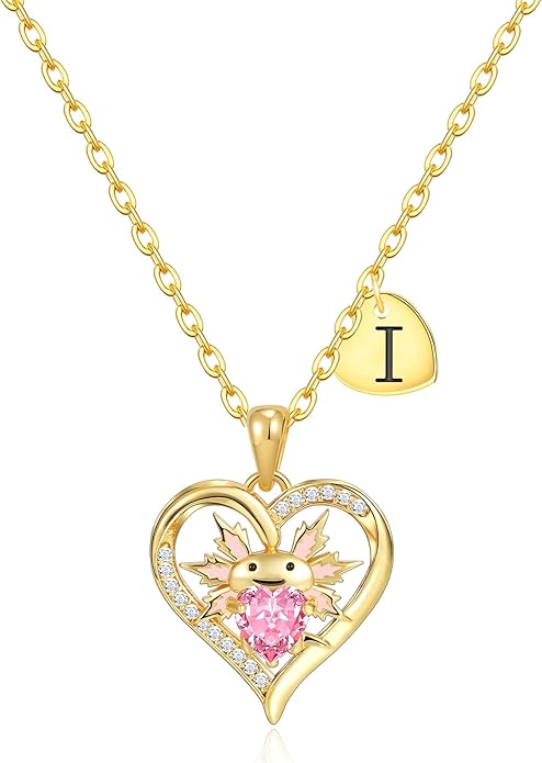 Macate Valentines Day Gifts for Her, 14K Gold Plated Heart Initial Pendant Axolotl Necklace Gold/silver Necklace Valentines Day Birthday Gifts for Women Teen