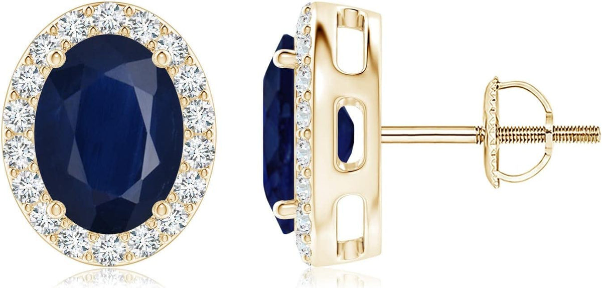 ANGARA Natural Blue Sapphire Earrings for Women | Prong-Set Oval Blue Sapphire Stud Earrings with Diamond Halo in 14K Solid Gold/Platinum | September Birthday, Anniversary, Gemstone Jewellery Gift