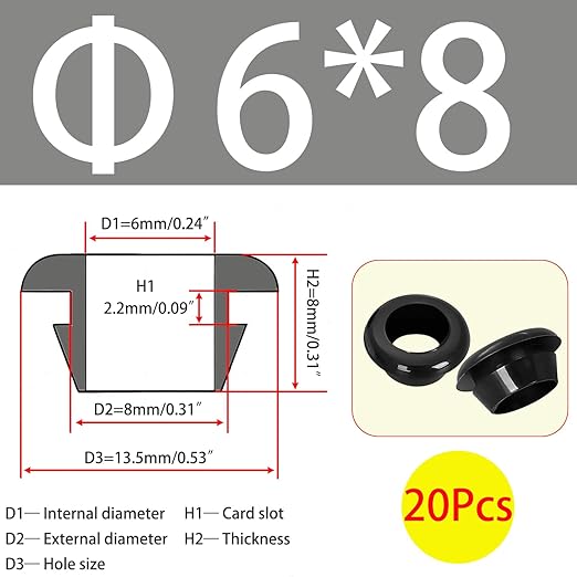 Qrity 20 PCS Rubber Grommets Cable Railing, Car Grommet, Cable Railing Protective Sleeves for Metal Posts, ID 6mm Mount Dia 8mm