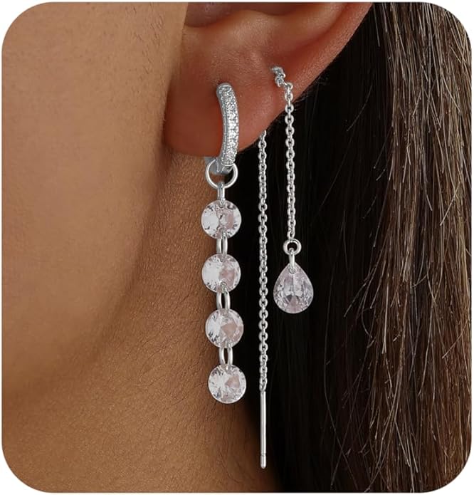 Dangle Earrings For Women Trendy 14K Gold Plated Drop Silver Long Dangling Dainty CZ Simple Hanging Jewelry