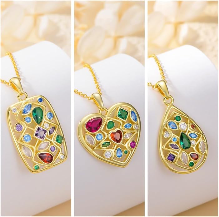 Gemstone Necklaces for Women 14K Yellow Gold Plated Silver Colorful Pendant Necklace Multicolor Cubic Zirconia Heart Pearshaped Jewelry for Mother Wife Daughter
