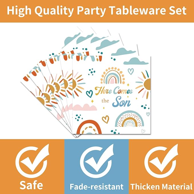 96PCS Here Comes The Son Plates and Napkins Party Supplies Here Comes the Son Baby Shower Decor Sunshine Baby Shower Decorations Boy Boho Sun Tableware Set for 24 Guests