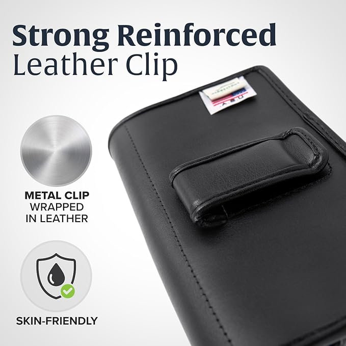 Turtleback Belt Holder for iPhone 16 Pro, 16e, 15 pro 14 Pro 13 Pro -Large- Fits w/Defender Bulky Style Cases, Premium Black Leather, Horizontal Case, Magnetic Closure Leather Wrapped Belt Clip