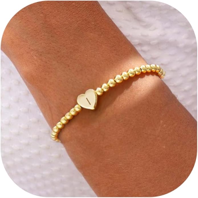 Valentines Day Gifts for Women Her - Dainty Beaded Heart Initial Bracelets Letter A-Z Charm Stretch Bead Ball Bracelet Trendy Jewelry Gifts