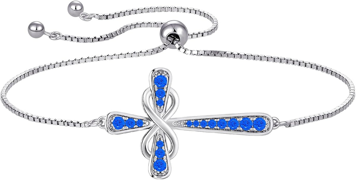 YL Cross Bracelet 925 Sterling Silver Infinity Sideways Link Bracelet Birthstone Jewelry for Women