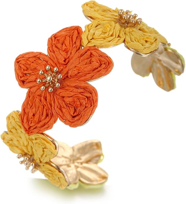 Raffia Flower Cuff Bracelet for Women, Floral Chunky Bangle Wide Open Cuff Statement Bracelet